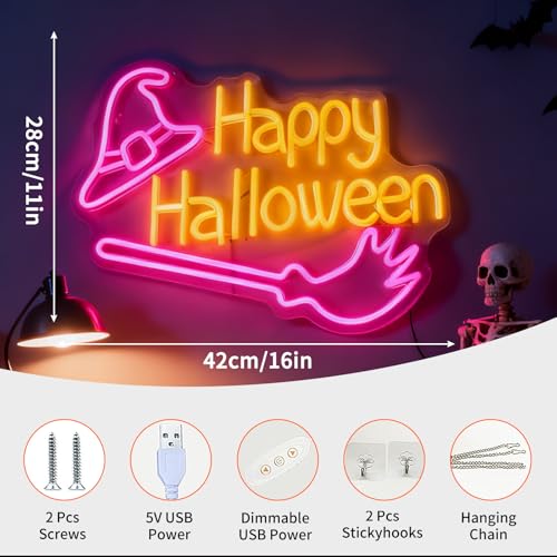 Happy Halloween Neon Sign - Pink Witch Hat & Broom LED Decor - 16.5x11 in - USB Powered - Variation of THIS listing