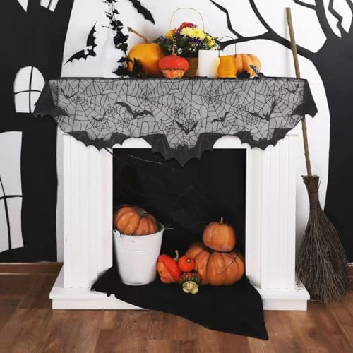 Halloween Fireplace Decor Mantle Scarf Cover Garland - Black Lace Spider Web Bat Style