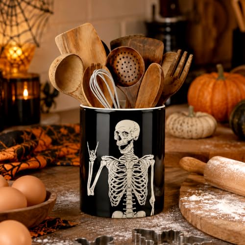 Skull Ceramic Kitchen Utensil Holder - Edgy Skull Design for Countertop, Rustic Farmhouse Decor