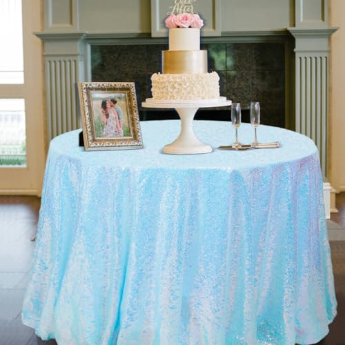 Iridescent Aqua Sequin Round Tablecloth 90 Inch Sparkle Glitter Cover for Weddings & Parties