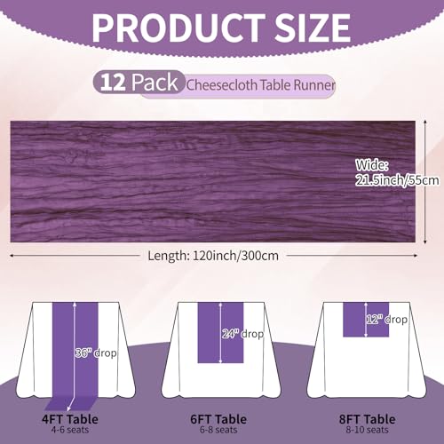 Dark Purple Cheesecloth Table Runner 12 Pack 21.5x120 Inch - Elegant Party Decor