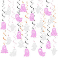 Halloween Ghost Hanging Swirl Decorations - White & Pink Glittery Party Decor Set of 24