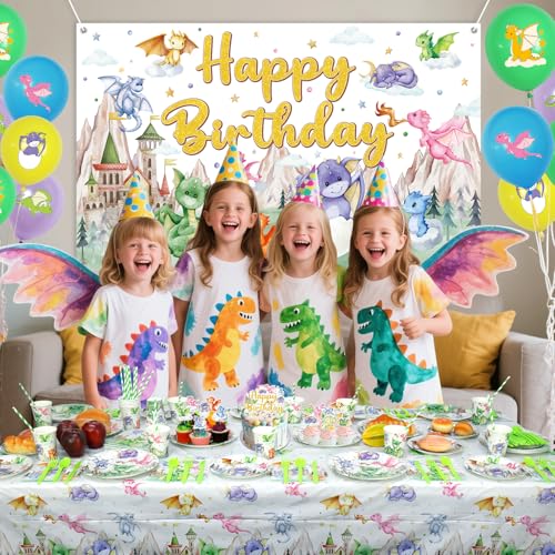 Dragon Party Supplies Set for 20 Guests - Birthday Backdrop Plates Cups Napkins Balloons