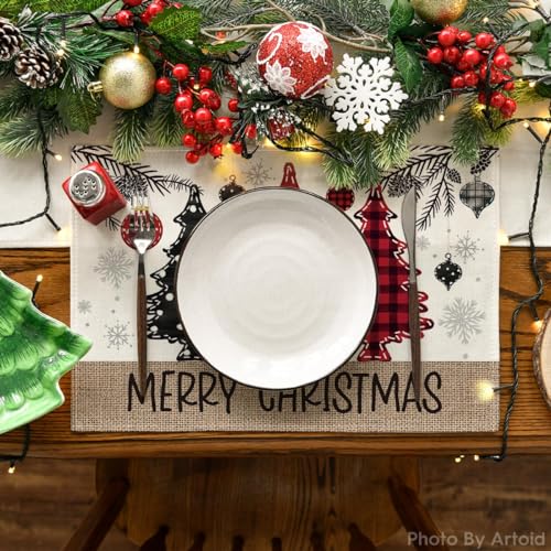 Christmas Table Runner & 6 Place Mats Set - Red Pine Trees Holiday Decor