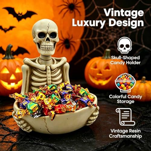 Halloween Skull Candy Bowl with Handheld Skeleton Decor - 9.1 Inch