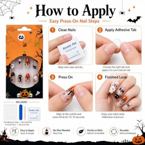 Halloween Pumpkin Ghost Spider Almond Press On Nails - Orange Pumpkin Black Spider Variation