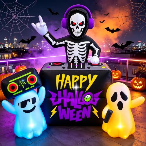 6FT Halloween Inflatable DJ Skeleton Yard Decor with Lights & Ghosts