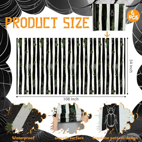 Halloween Worm Theme Black and White Striped Tablecloth Set - 6 Disposable Plastic Covers for Spooky Party Decor