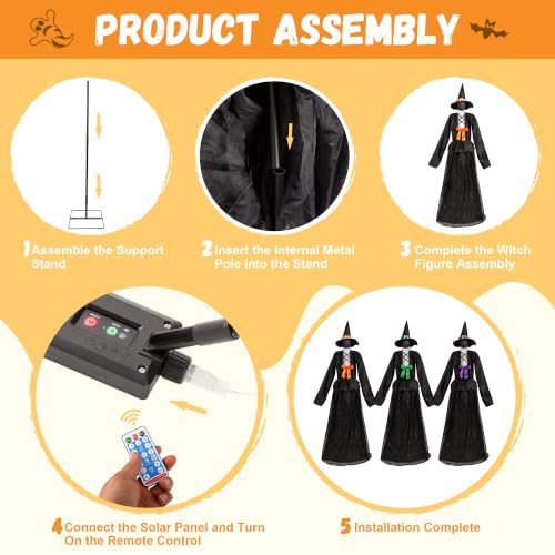 3 Witches Halloween Light Up Decoration Set - Outdoor Ghostly Yard Prop with Solar Power & Remote
