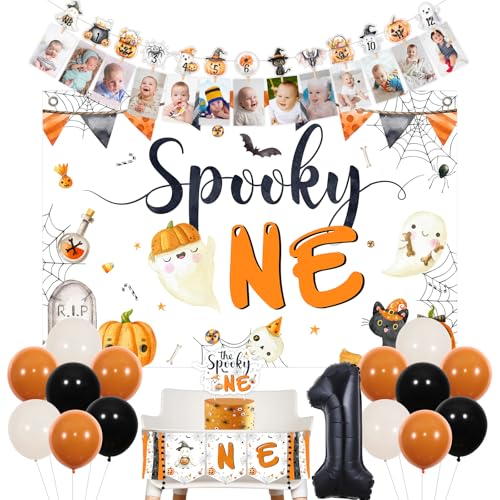 Halloween 1st Birthday Decoration Kit with Balloons Banner Cake Topper Backdrop