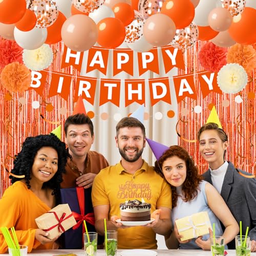 Orange Birthday Decorations Set with Banner Balloons & Curtain - Fall Halloween Party Supplies