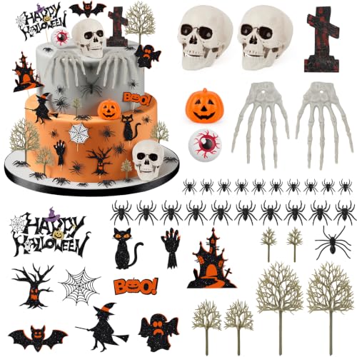 Halloween Cake Toppers Set - 44pcs Spider Bat Castle Pumpkin Skull Hand Decorations - Halloween Party Supplies