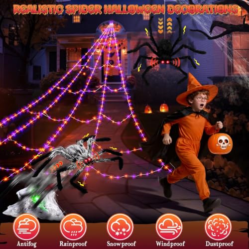 Halloween Spider Web Decoration Set with 2 Animatronic Spiders - Gray-Black, 3 Pieces