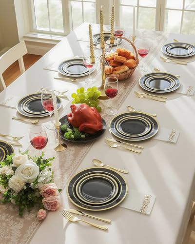 Black Plastic Dinner Plate Set with Gold Rim - 100PCS, Disposable & Reusable
