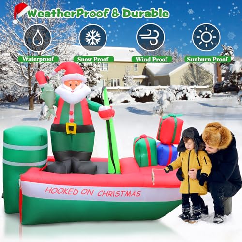 8 Ft Inflatable Christmas Santa Fishing on Boat with Built-in Lights - Outdoor Holiday Yard Decor
