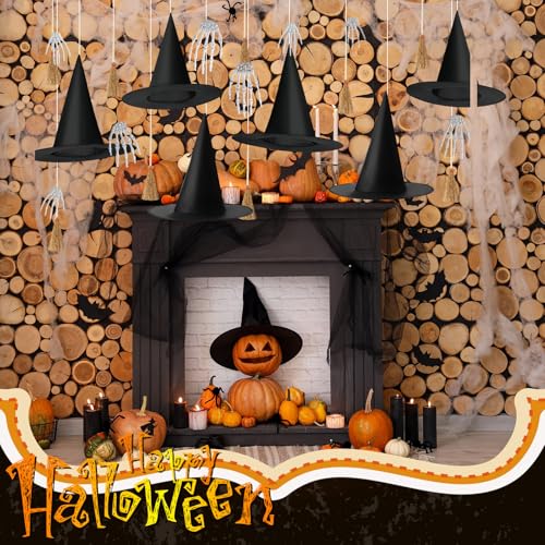 Halloween Hanging Decor Set with Witch Hats Brooms Skeleton Hands - 32 Pieces