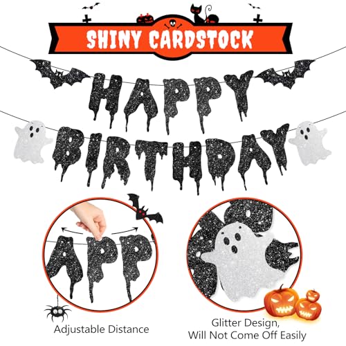 Pre-String Black Happy Birthday & Halloween Skull Banner Glitter Decorations