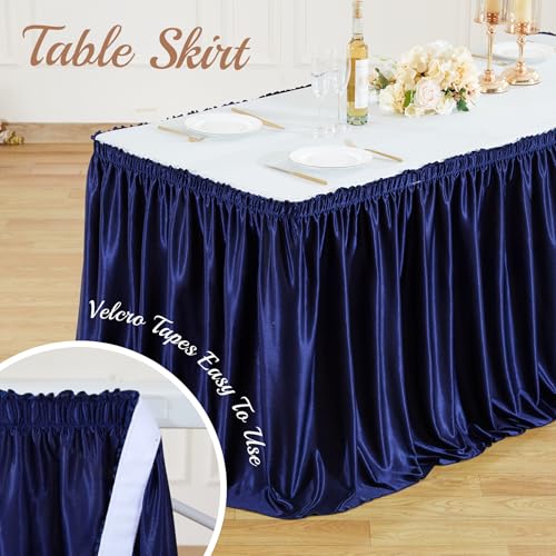 9ft Navy Blue Satin Table Skirt for Rectangular Tables - Wrinkle Resistant