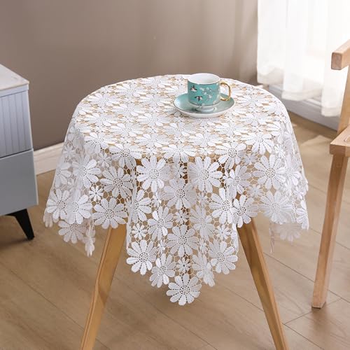 White Crochet Lace Tablecloth 36x36 Inch Rustic Farmhouse Style for Picnic & Outdoor Use