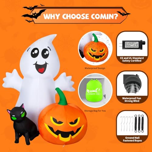 5FT Inflatable Ghost with Black Cat and Pumpkin Halloween Yard Decoration with LEDs