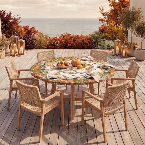 Fall Fitted Round Tablecloth 45-56 Inch with Pumpkin Leaves Orange - 56" Variation