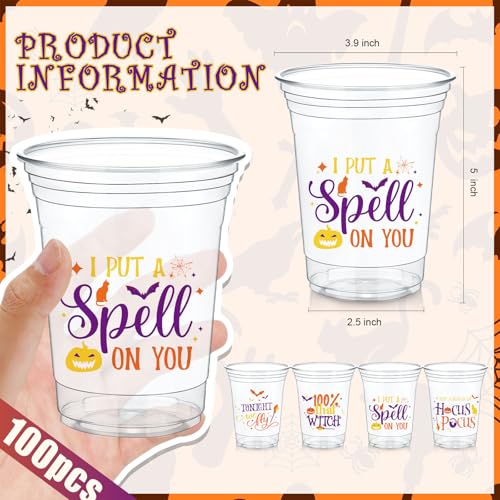 16 oz Halloween Plastic Cups - Disposable Party Cups, Witch Design, 100 pcs - Variation of Witch