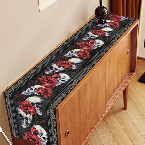Gothic Table Runner - Retro Black Witchy Skull & Red Rose Design, 13x108 - Variation 3