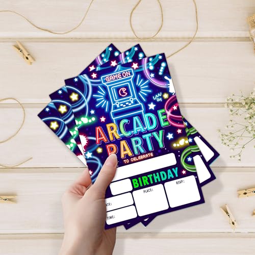 Colorful Neon Arcade Games Birthday Invitations Set - 20 Double Sided Fill-In Cards with Envelopes, Kids Party Favors
