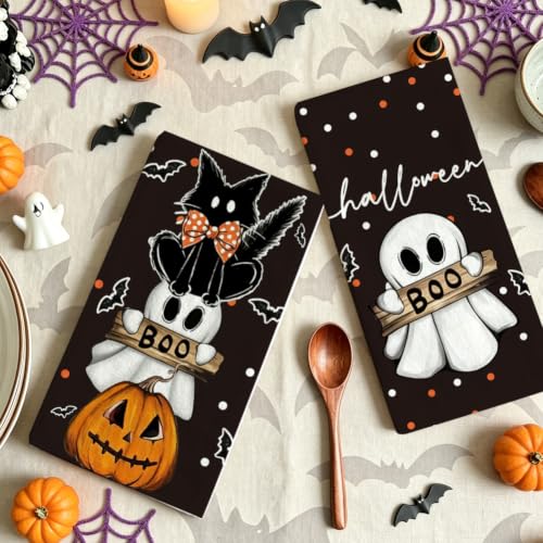 Halloween Kitchen Towels Black Cat Pumpkin Ghost Dish Towels 18x26