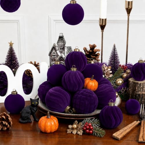 Velvet Christmas Ornaments Set 36PCS Flocked Holiday Decorations - Purple, Shatterproof