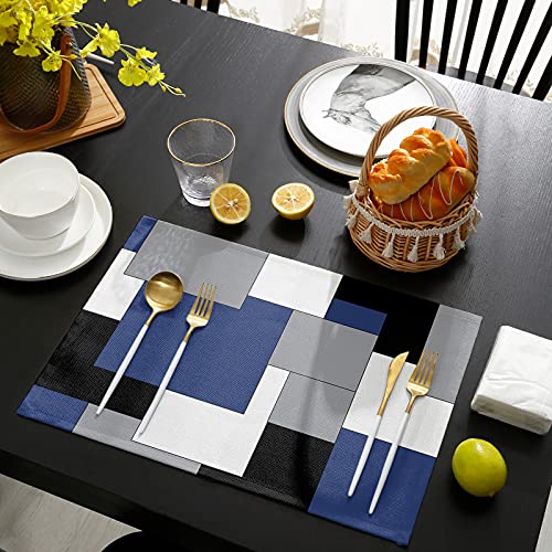 Abstract Art Navy Blue Placemats Set of 6 - Non Slip Washable Table Mats, Farmhouse Style, Heat Insulation for Dining & Wedding