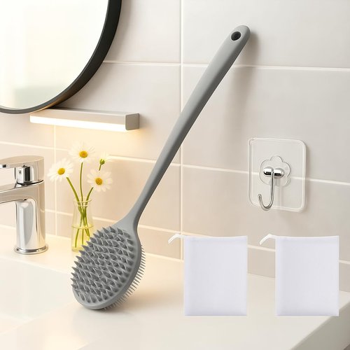 Silicone Body Scrubber for Shower Men Women – Dual-Sided Exfoliating & Massage Shower Brush with Long Handle, Creates Rich Lather, Includes 1 Hook & 2 Lather Balls (Gray).