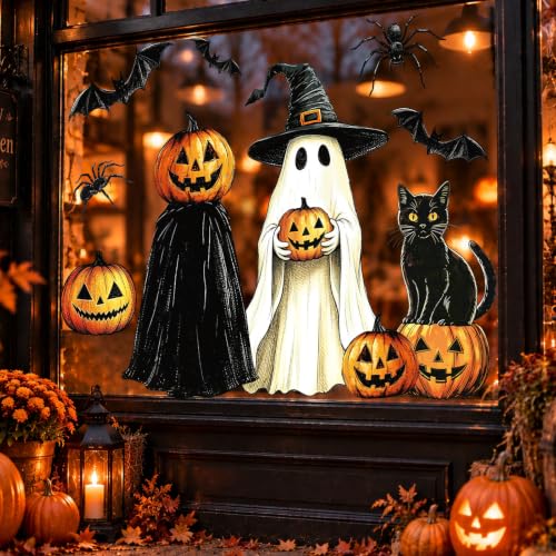 Halloween Window Clings Decor Set - Ghost, Pumpkin, Bat, Black Cat