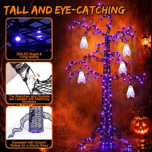 Lighted Halloween Tree with Ghosts and LED Lights, 8ft Spooky Garden Decor