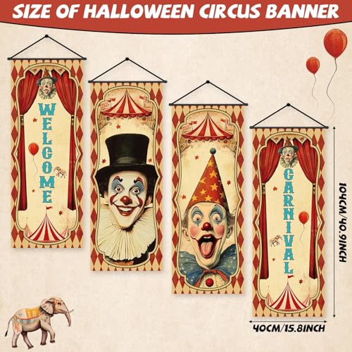 Vintage Halloween Carnival Banners Set with Clown & Circus Themes - 4 Pieces