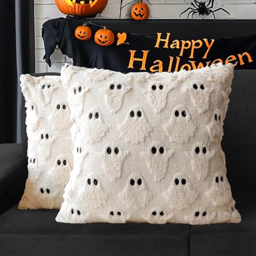Halloween Pillow Covers 16x16 Set of 2 Beige Ghost Farmhouse Decor
