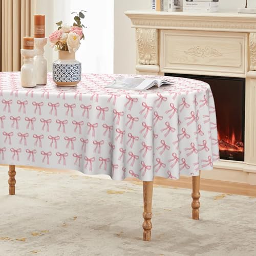 Pink Bow Tablecloth 60x84 Inch Oval - High-Quality Spun Polyester Home Decor