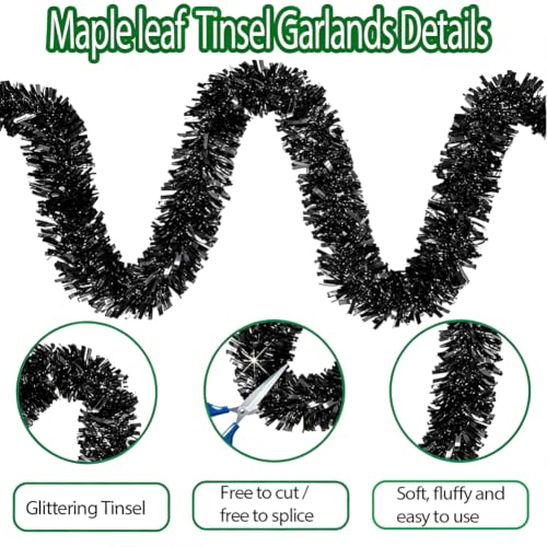 Black 33Ft Christmas Tinsel Garland Foil Sparkling Holiday Decor - RUPOFUZA