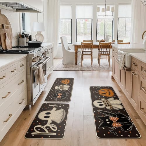 Halloween Kitchen Mats Set of 3 - Black Non-Slip Floor Mats 17x29/36/47 Inches