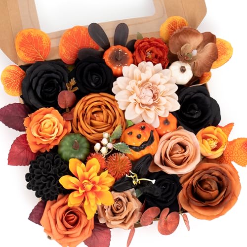 Halloween Decor Artificial Black Roses with Pumpkins Box Set - All Saints' Day Orange Pumpkin Variation