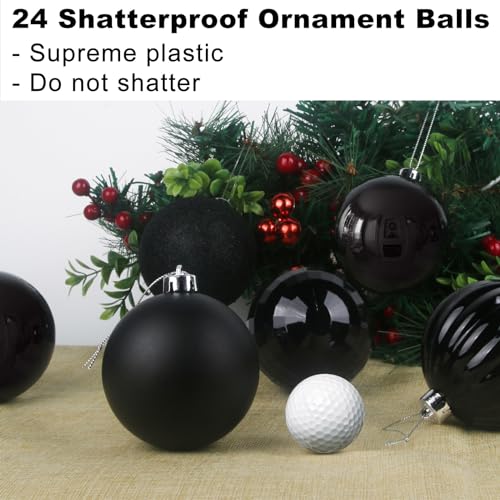 24pcs Large 3.2 Inch Black Christmas Tree Ornaments - Shatterproof Holiday Decorations