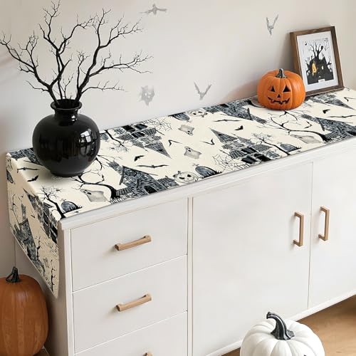 Artscope Haunted House Tree Ghost Halloween Table Runner - Black White 13x36 Inches