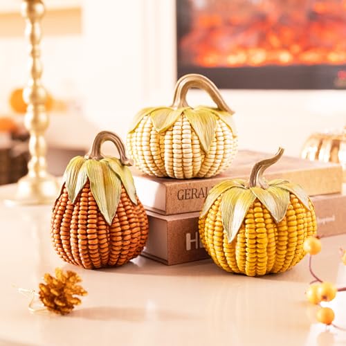 Large Fall Pumpkin Decor Set of 3 - Lifelike Resin Corn Pattern Figurines for Indoor & Outdoor Autumn Thanksgiving Halloween