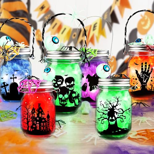 8 Pack Halloween Mason Jar Craft Kit with LED Lights and Accessories for Kids