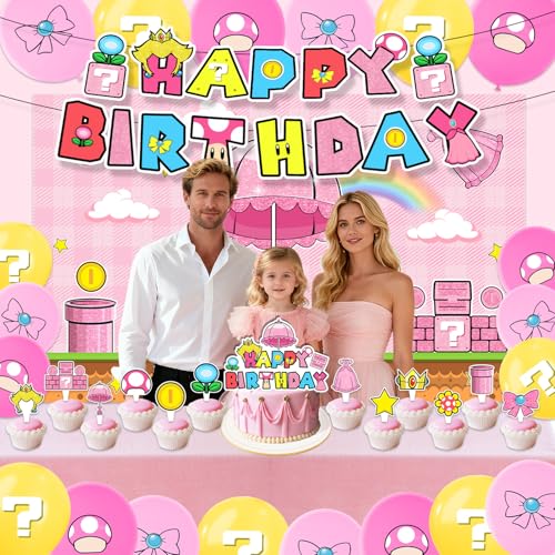 Multicolor Peach Party Decorations Set - Birthday Banner Cake Topper Balloons