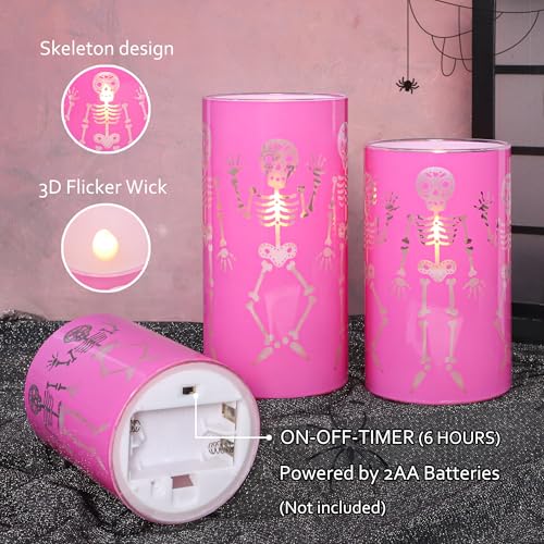 Pink Skeleton Flameless Candles with Haunted Skeleton Decals - Halloween Decor