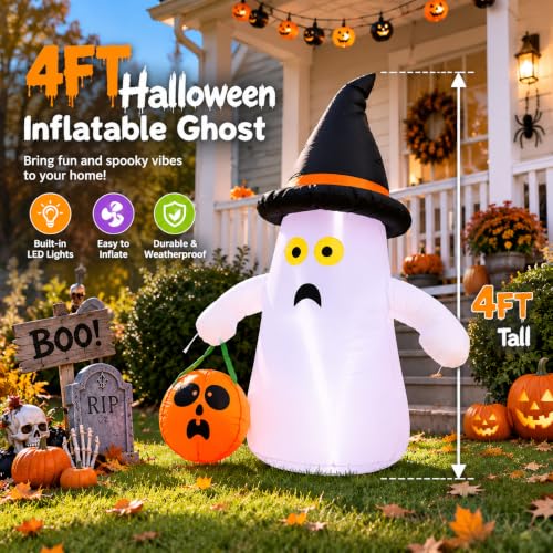 4FT Inflatable Ghost with Pumpkin Lantern LED Outdoor Halloween Yard Decor
