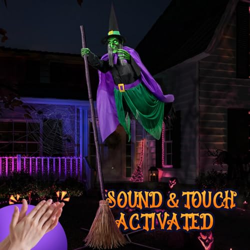 12 Ft Green Purple Black Animated Hovering Witch Halloween Decoration - Outdoor Outdoor Decorations