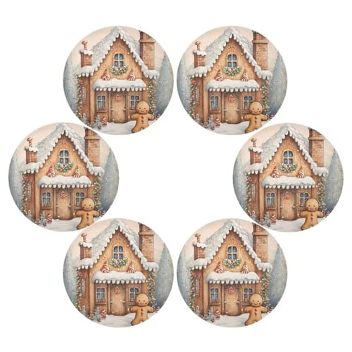 Christmas Snow Gingerbread Man Round Placemats Set of 6 - Holiday Table Decor - Washable & Heat Resistant - 15.4 inch - Variation 8