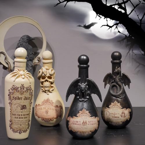 Halloween Witch Potion Bottle Decor - White Spider Resin Bottle with Web Design, 10 Inch